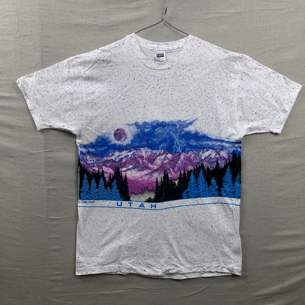 San Segal 1990s Vintage Anvil Utah Mountain Graphic T-Shirt XL White Splatter